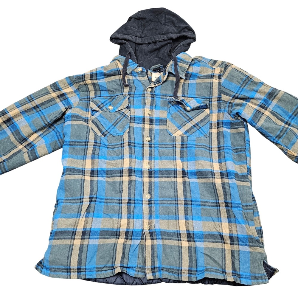 Legendary Whitetails Flannel Shirt Jacket XL Blue Plaid Quilted Hooded Shacket